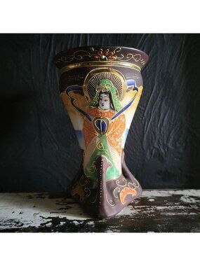 Vintage Japanese Satsuma Moriage Vase Depicting Deity Kannon Triangular Base